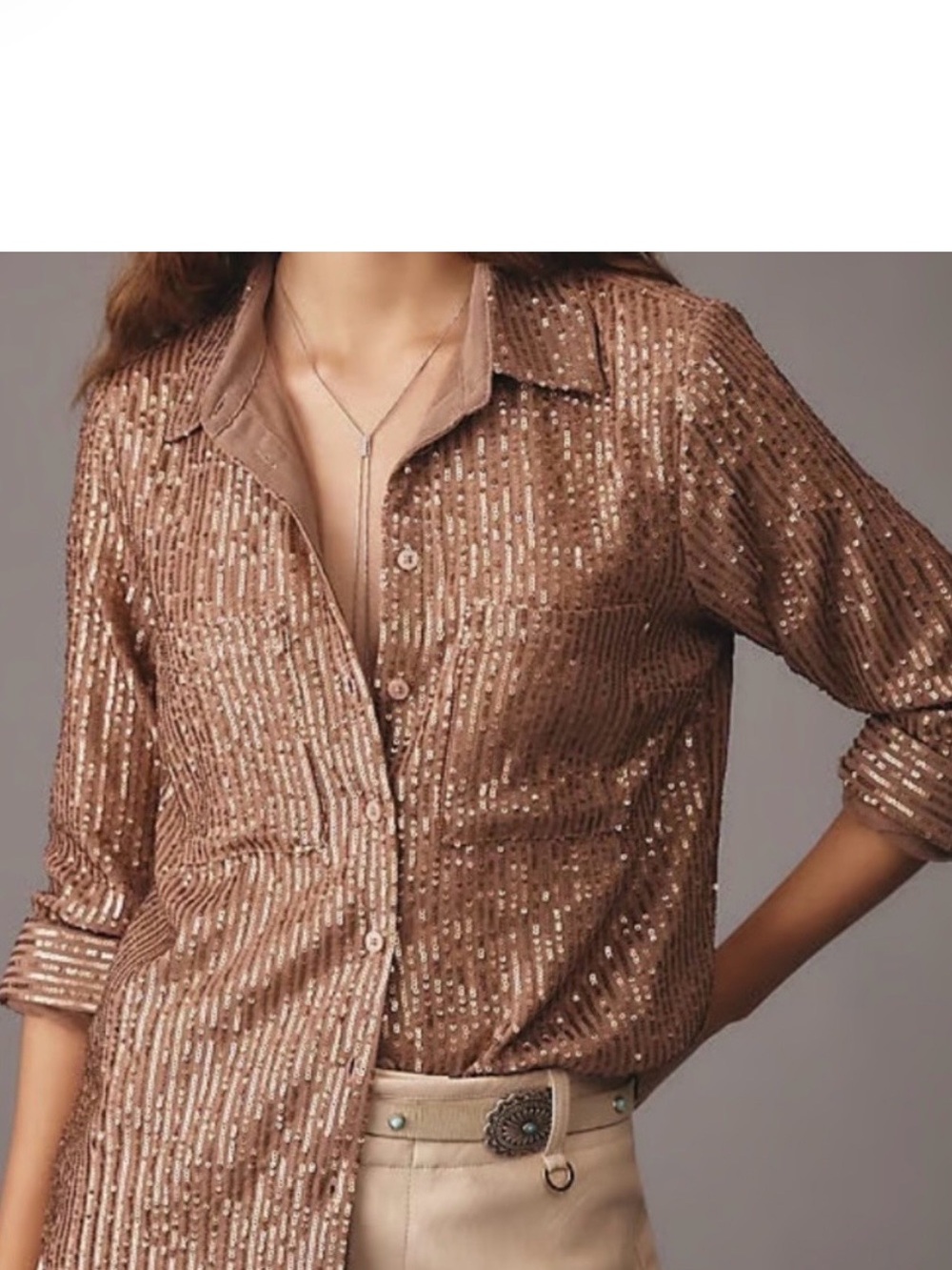 Anthropologie The Remie Bronze Sequin Blouse Button Down Top S